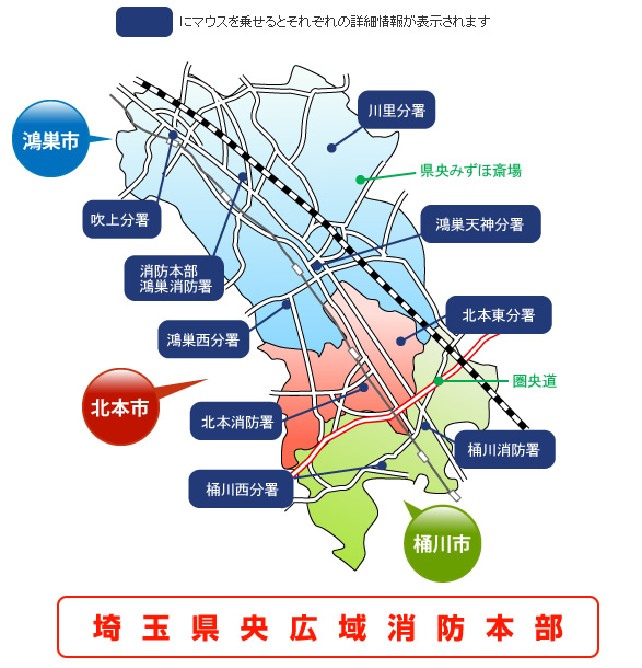 鴻巣市、北本市、桶川市の消防署
